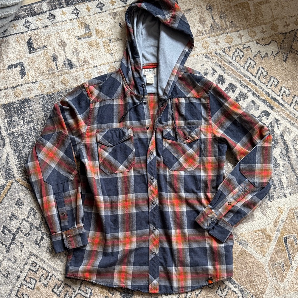 L.L. Bean Gray Hooded Flannel with Navy & Red Plaid Trim